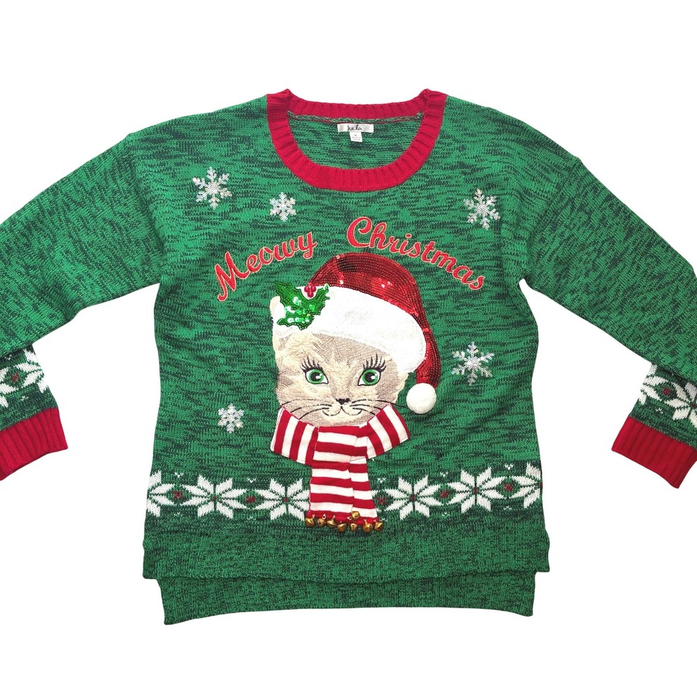 Meowy Christmas Cat Holiday Sweater Funny Women Medium Bells Knit Holiday Party
